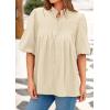 imagePRETTYGARDEN Womens 2025 Summer Short Lantern Sleeve Tops Loose Fit Button Down Shirt Casual Pleated V Neck BlousesApricot
