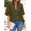 imagePRETTYGARDEN Womens 2025 Summer Short Lantern Sleeve Tops Loose Fit Button Down Shirt Casual Pleated V Neck BlousesArmy Green