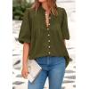 imagePRETTYGARDEN Womens 2025 Summer Short Lantern Sleeve Tops Loose Fit Button Down Shirt Casual Pleated V Neck BlousesArmy Green
