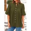 imagePRETTYGARDEN Womens 2025 Summer Short Lantern Sleeve Tops Loose Fit Button Down Shirt Casual Pleated V Neck BlousesArmy Green