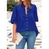 imagePRETTYGARDEN Womens 2025 Summer Short Lantern Sleeve Tops Loose Fit Button Down Shirt Casual Pleated V Neck BlousesBlue