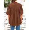imagePRETTYGARDEN Womens 2025 Summer Short Lantern Sleeve Tops Loose Fit Button Down Shirt Casual Pleated V Neck BlousesBrown