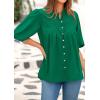 imagePRETTYGARDEN Womens 2025 Summer Short Lantern Sleeve Tops Loose Fit Button Down Shirt Casual Pleated V Neck BlousesGreen