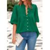imagePRETTYGARDEN Womens 2025 Summer Short Lantern Sleeve Tops Loose Fit Button Down Shirt Casual Pleated V Neck BlousesGreen