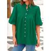 imagePRETTYGARDEN Womens 2025 Summer Short Lantern Sleeve Tops Loose Fit Button Down Shirt Casual Pleated V Neck BlousesGreen