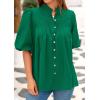 imagePRETTYGARDEN Womens 2025 Summer Short Lantern Sleeve Tops Loose Fit Button Down Shirt Casual Pleated V Neck BlousesGreen