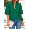 imagePRETTYGARDEN Womens 2025 Summer Short Lantern Sleeve Tops Loose Fit Button Down Shirt Casual Pleated V Neck BlousesGreen