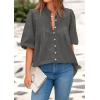 imagePRETTYGARDEN Womens 2025 Summer Short Lantern Sleeve Tops Loose Fit Button Down Shirt Casual Pleated V Neck BlousesGrey