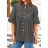 imagePRETTYGARDEN Womens 2025 Summer Short Lantern Sleeve Tops Loose Fit Button Down Shirt Casual Pleated V Neck BlousesGrey