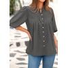 imagePRETTYGARDEN Womens 2025 Summer Short Lantern Sleeve Tops Loose Fit Button Down Shirt Casual Pleated V Neck BlousesGrey