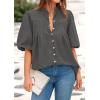 imagePRETTYGARDEN Womens 2025 Summer Short Lantern Sleeve Tops Loose Fit Button Down Shirt Casual Pleated V Neck BlousesGrey