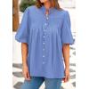 imagePRETTYGARDEN Womens 2025 Summer Short Lantern Sleeve Tops Loose Fit Button Down Shirt Casual Pleated V Neck BlousesLight Blue
