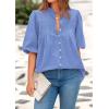 imagePRETTYGARDEN Womens 2025 Summer Short Lantern Sleeve Tops Loose Fit Button Down Shirt Casual Pleated V Neck BlousesLight Blue