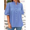 imagePRETTYGARDEN Womens 2025 Summer Short Lantern Sleeve Tops Loose Fit Button Down Shirt Casual Pleated V Neck BlousesLight Blue