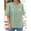 imagePRETTYGARDEN Womens 2025 Summer Short Lantern Sleeve Tops Loose Fit Button Down Shirt Casual Pleated V Neck BlousesLight Green