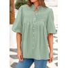 imagePRETTYGARDEN Womens 2025 Summer Short Lantern Sleeve Tops Loose Fit Button Down Shirt Casual Pleated V Neck BlousesLight Green