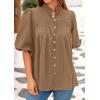 imagePRETTYGARDEN Womens 2025 Summer Short Lantern Sleeve Tops Loose Fit Button Down Shirt Casual Pleated V Neck BlousesLight Khaki