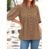 imagePRETTYGARDEN Womens 2025 Summer Short Lantern Sleeve Tops Loose Fit Button Down Shirt Casual Pleated V Neck BlousesLight Khaki