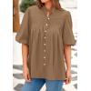 imagePRETTYGARDEN Womens 2025 Summer Short Lantern Sleeve Tops Loose Fit Button Down Shirt Casual Pleated V Neck BlousesLight Khaki