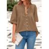 imagePRETTYGARDEN Womens 2025 Summer Short Lantern Sleeve Tops Loose Fit Button Down Shirt Casual Pleated V Neck BlousesLight Khaki