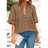 imagePRETTYGARDEN Womens 2025 Summer Short Lantern Sleeve Tops Loose Fit Button Down Shirt Casual Pleated V Neck BlousesLight Khaki