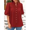 imagePRETTYGARDEN Womens 2025 Summer Short Lantern Sleeve Tops Loose Fit Button Down Shirt Casual Pleated V Neck BlousesRed