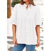 imagePRETTYGARDEN Womens 2025 Summer Short Lantern Sleeve Tops Loose Fit Button Down Shirt Casual Pleated V Neck BlousesWhite