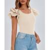 imagePRETTYGARDEN Womens Ruffle Short Sleeve Shirts 2025 Summer Casual Basic Tee Cute Fitted Crew Neck Fashion Tops ClothesBeige