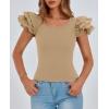 imagePRETTYGARDEN Womens Ruffle Short Sleeve Shirts 2025 Summer Casual Basic Tee Cute Fitted Crew Neck Fashion Tops ClothesKhaki