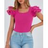imagePRETTYGARDEN Womens Ruffle Short Sleeve Shirts 2025 Summer Casual Basic Tee Cute Fitted Crew Neck Fashion Tops ClothesRose Red