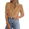 imagePRETTYGARDEN Womens 2025 Spring Lace Tops Short Puff Sleeve Casual Dressy Blouses Eyelet Crew Neck Button Down ShirtsKhaki