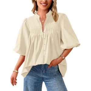imagePRETTYGARDEN Womens 2025 Summer Short Lantern Sleeve Tops Loose Fit Button Down Shirt Casual Pleated V Neck BlousesApricot