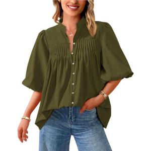 imagePRETTYGARDEN Womens 2025 Summer Short Lantern Sleeve Tops Loose Fit Button Down Shirt Casual Pleated V Neck BlousesArmy Green