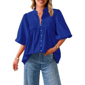 imagePRETTYGARDEN Womens 2025 Summer Short Lantern Sleeve Tops Loose Fit Button Down Shirt Casual Pleated V Neck BlousesBlue