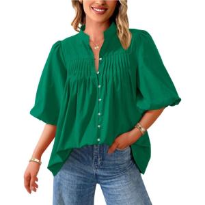 imagePRETTYGARDEN Womens 2025 Summer Short Lantern Sleeve Tops Loose Fit Button Down Shirt Casual Pleated V Neck BlousesGreen