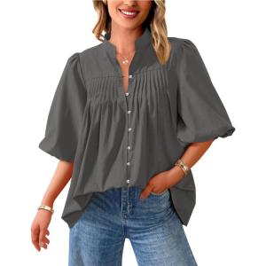 imagePRETTYGARDEN Womens 2025 Summer Short Lantern Sleeve Tops Loose Fit Button Down Shirt Casual Pleated V Neck BlousesGrey