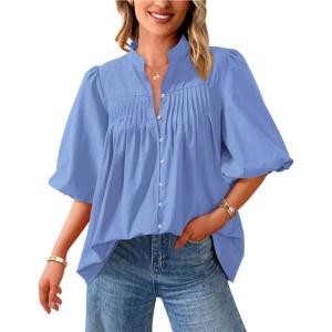 imagePRETTYGARDEN Womens 2025 Summer Short Lantern Sleeve Tops Loose Fit Button Down Shirt Casual Pleated V Neck BlousesLight Blue