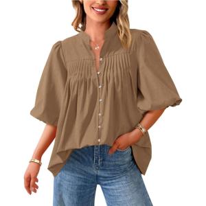 imagePRETTYGARDEN Womens 2025 Summer Short Lantern Sleeve Tops Loose Fit Button Down Shirt Casual Pleated V Neck BlousesLight Khaki