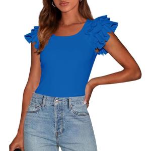 imagePRETTYGARDEN Womens Ruffle Short Sleeve Shirts 2025 Summer Casual Basic Tee Cute Fitted Crew Neck Fashion Tops ClothesBlue