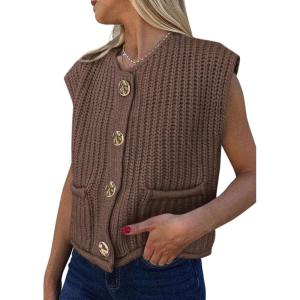 imagePRETTYGARDEN Womens Summer Sweaters Vest 2025 Sleeveless Button Down Cropped Pockets Chunky Knit Cardigan Trendy Tank TopsCoffee
