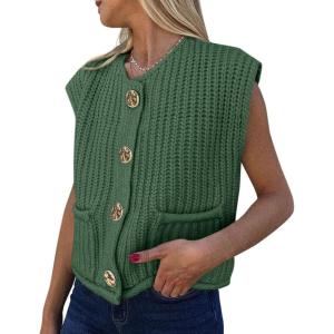 imagePRETTYGARDEN Womens Summer Sweaters Vest 2025 Sleeveless Button Down Cropped Pockets Chunky Knit Cardigan Trendy Tank TopsGreen