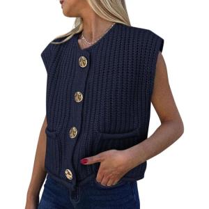 imagePRETTYGARDEN Womens Summer Sweaters Vest 2025 Sleeveless Button Down Cropped Pockets Chunky Knit Cardigan Trendy Tank TopsNavy