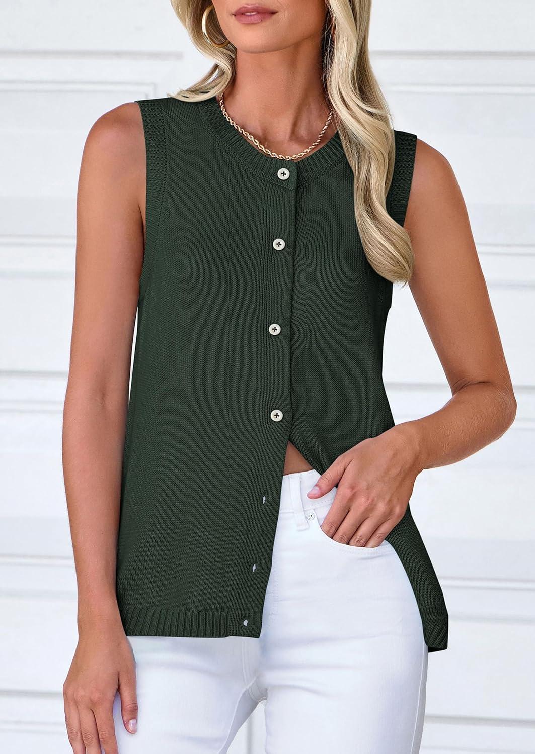 imagePRETTYGARDEN Sweater Vest Women 2025 Spring Summer Casual Lightweight Knit Sleeveless Button Down Tank Tops Trendy ClothesArmy Green