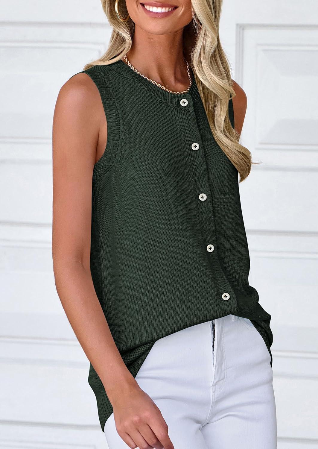 imagePRETTYGARDEN Sweater Vest Women 2025 Spring Summer Casual Lightweight Knit Sleeveless Button Down Tank Tops Trendy ClothesArmy Green