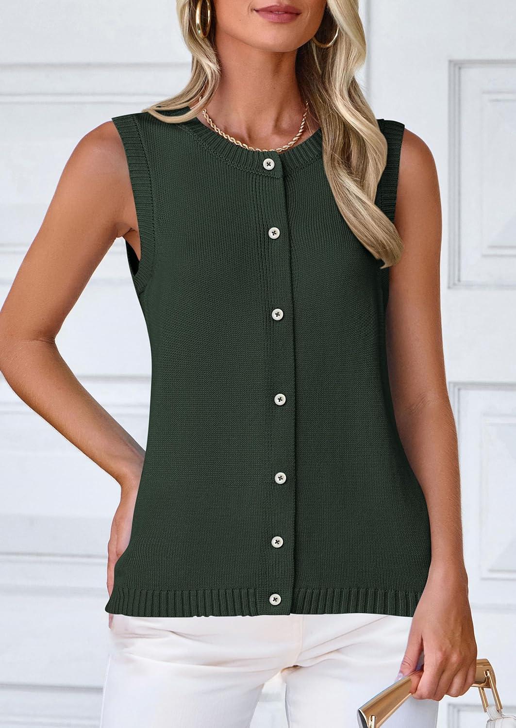 imagePRETTYGARDEN Sweater Vest Women 2025 Spring Summer Casual Lightweight Knit Sleeveless Button Down Tank Tops Trendy ClothesArmy Green