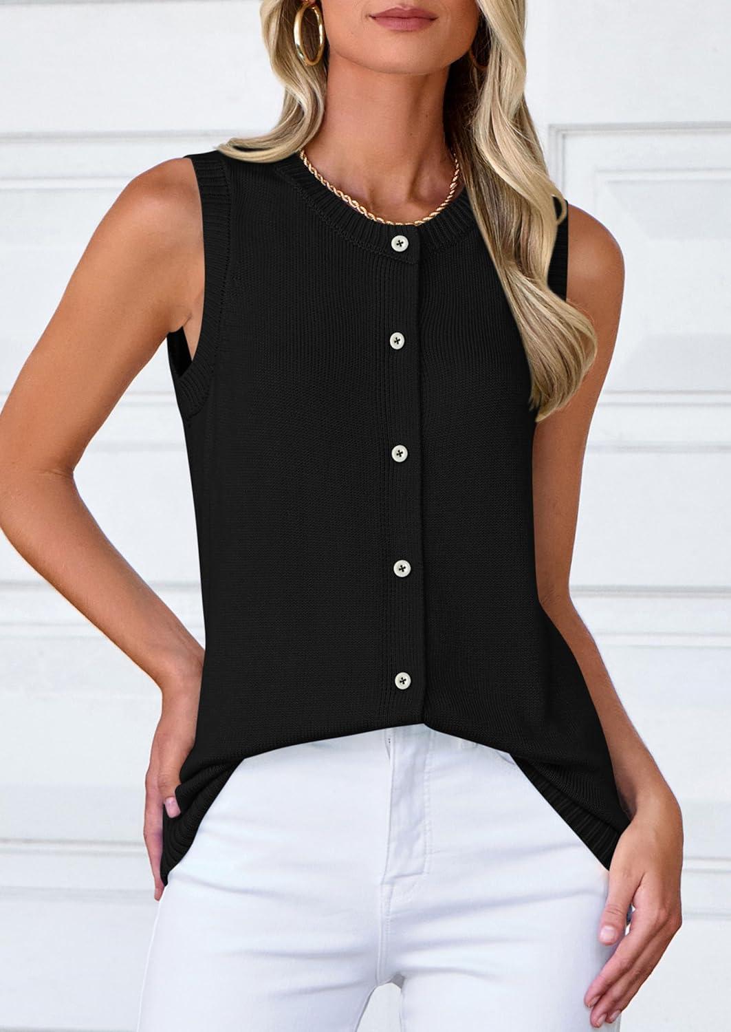 imagePRETTYGARDEN Sweater Vest Women 2025 Spring Summer Casual Lightweight Knit Sleeveless Button Down Tank Tops Trendy ClothesBlack