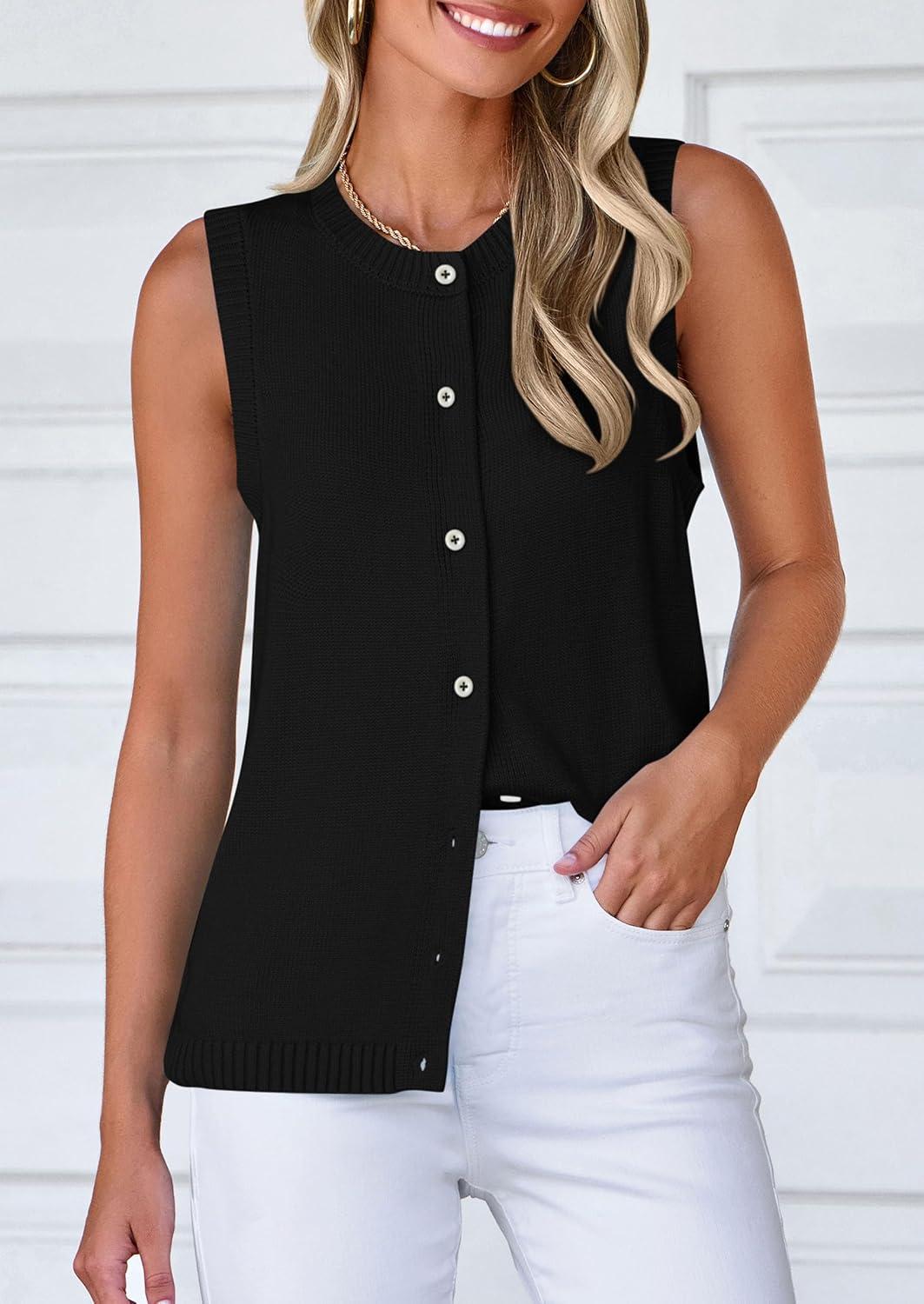 imagePRETTYGARDEN Sweater Vest Women 2025 Spring Summer Casual Lightweight Knit Sleeveless Button Down Tank Tops Trendy ClothesBlack