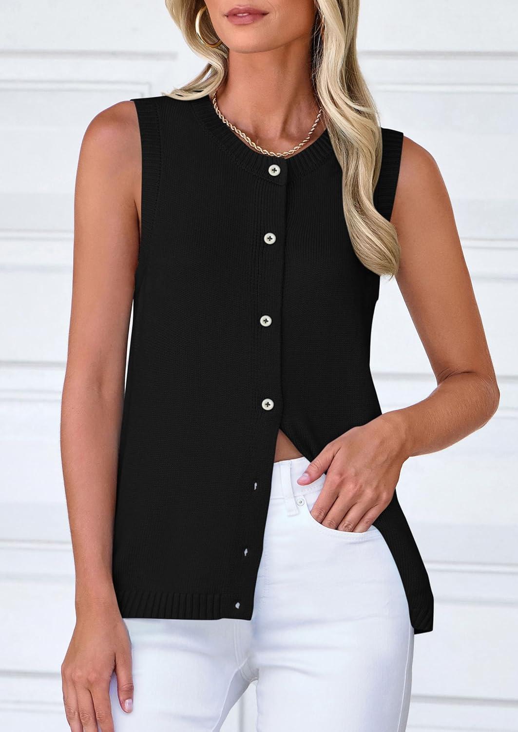 imagePRETTYGARDEN Sweater Vest Women 2025 Spring Summer Casual Lightweight Knit Sleeveless Button Down Tank Tops Trendy ClothesBlack