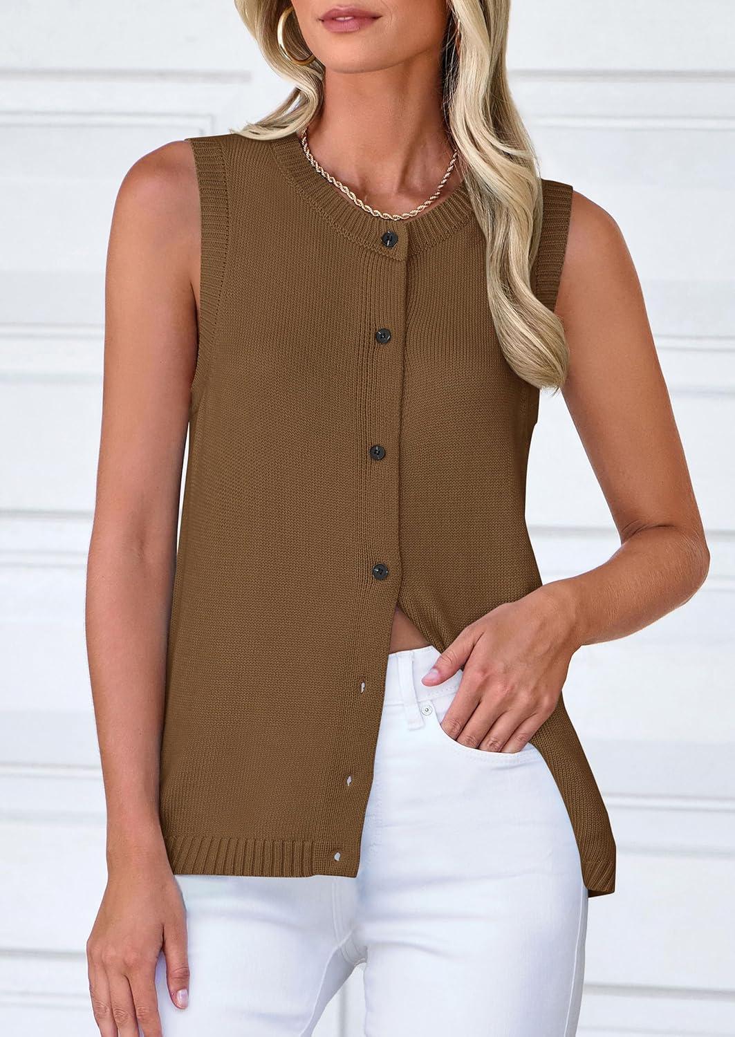 imagePRETTYGARDEN Sweater Vest Women 2025 Spring Summer Casual Lightweight Knit Sleeveless Button Down Tank Tops Trendy ClothesCoffee