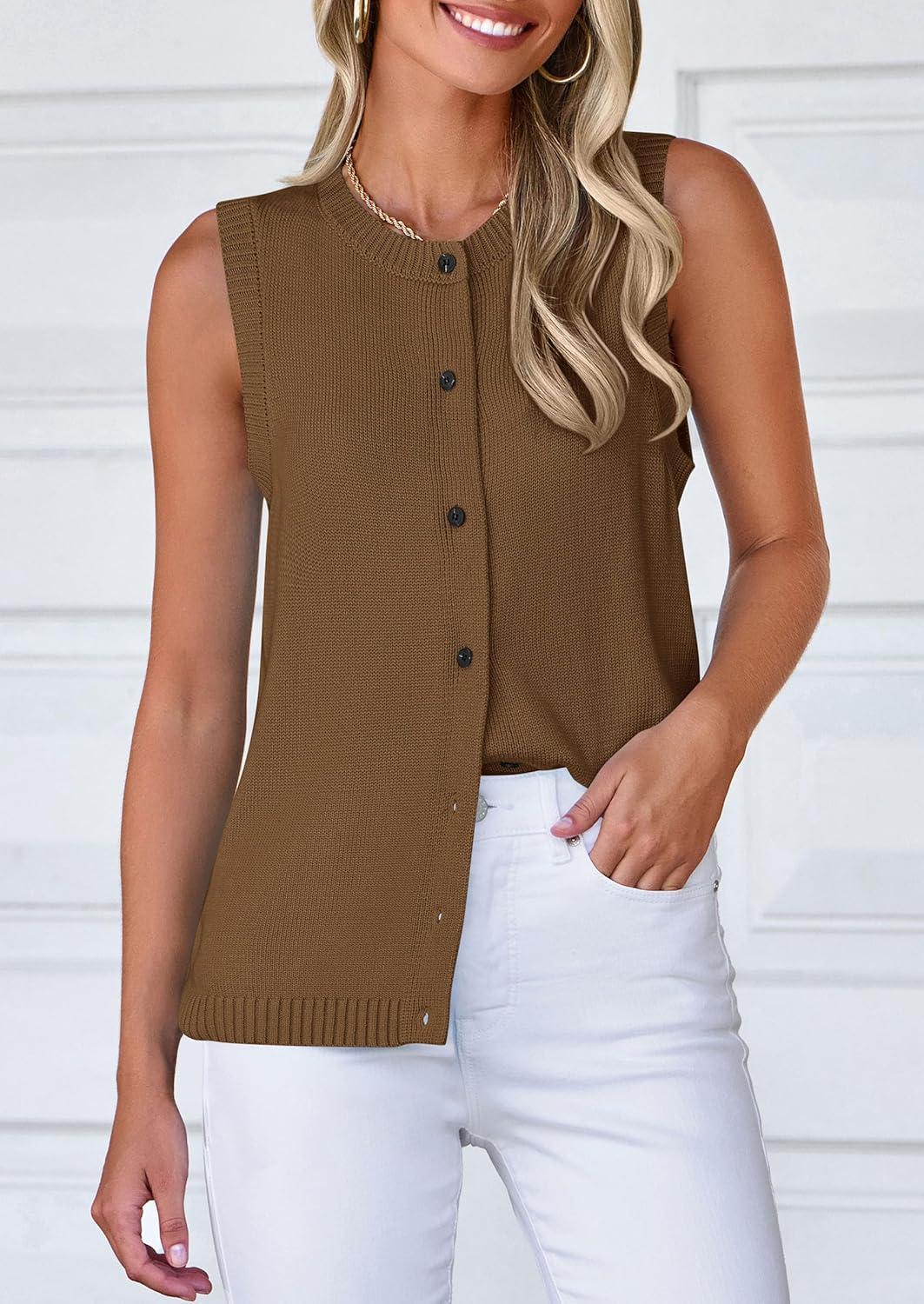 imagePRETTYGARDEN Sweater Vest Women 2025 Spring Summer Casual Lightweight Knit Sleeveless Button Down Tank Tops Trendy ClothesCoffee